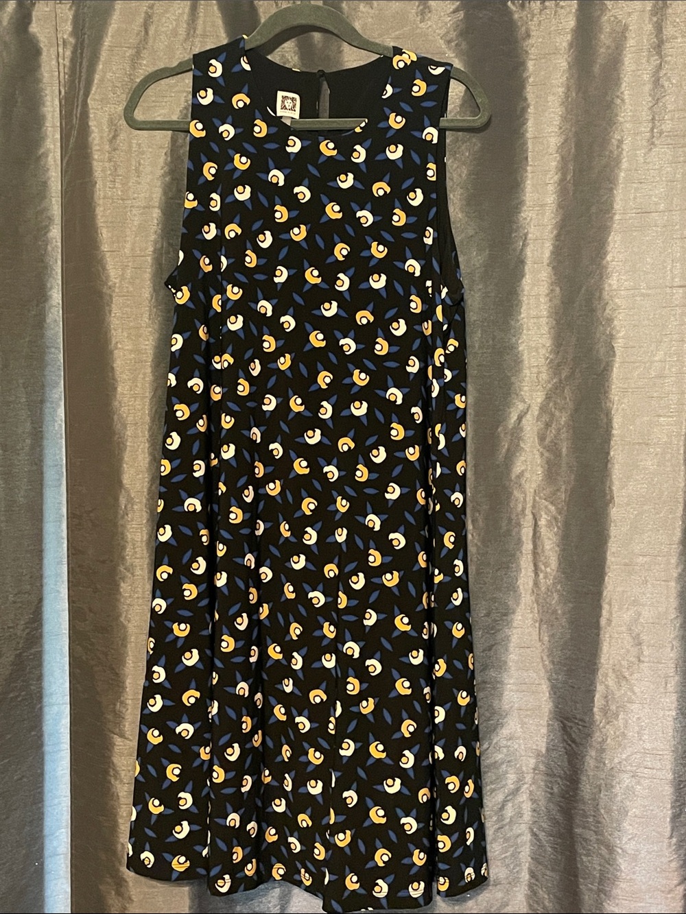Anne Klein Black Midi Dress with Blue and Yellow Print